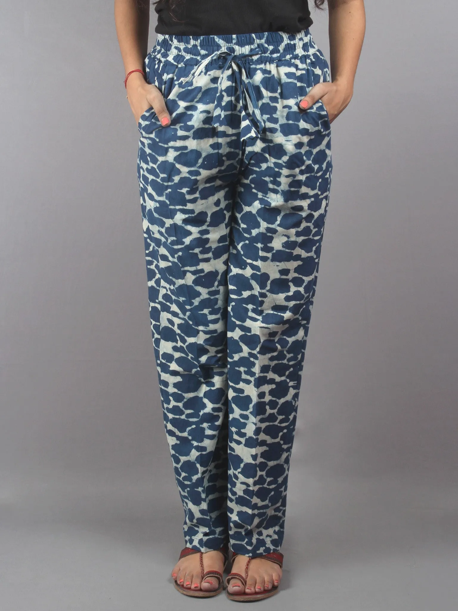 Indigo Hand Block Printed Elasticated Waist Trousers- T0317021