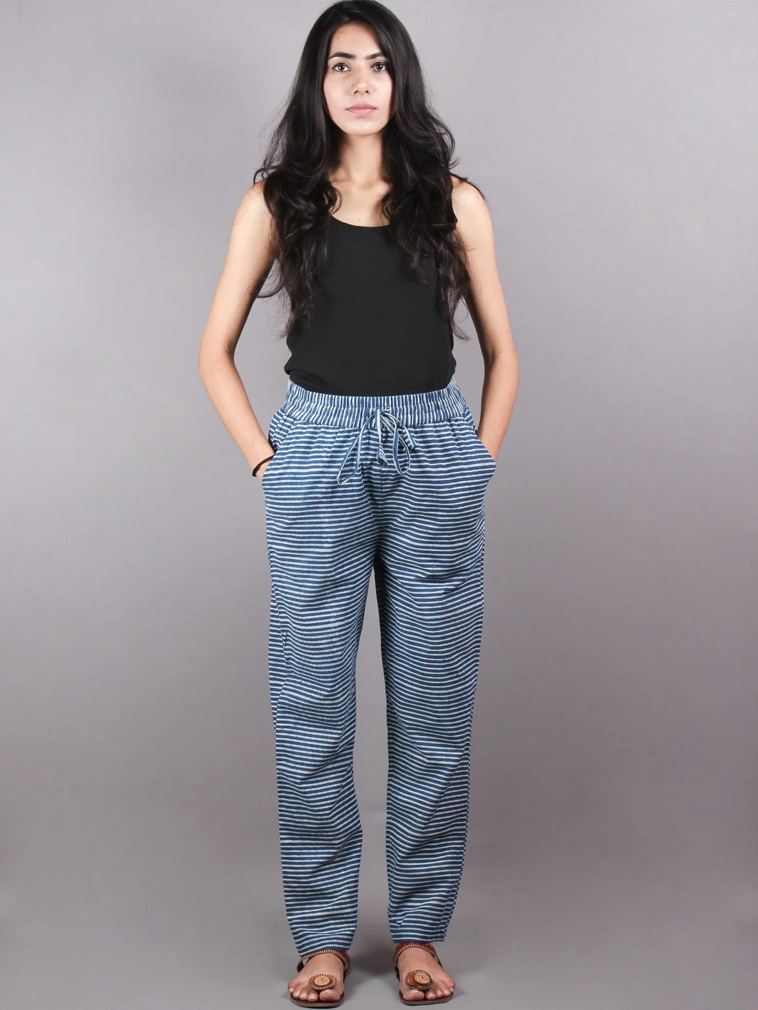 Indigo Hand Block Printed Elasticated Waist Trousers- T0317029