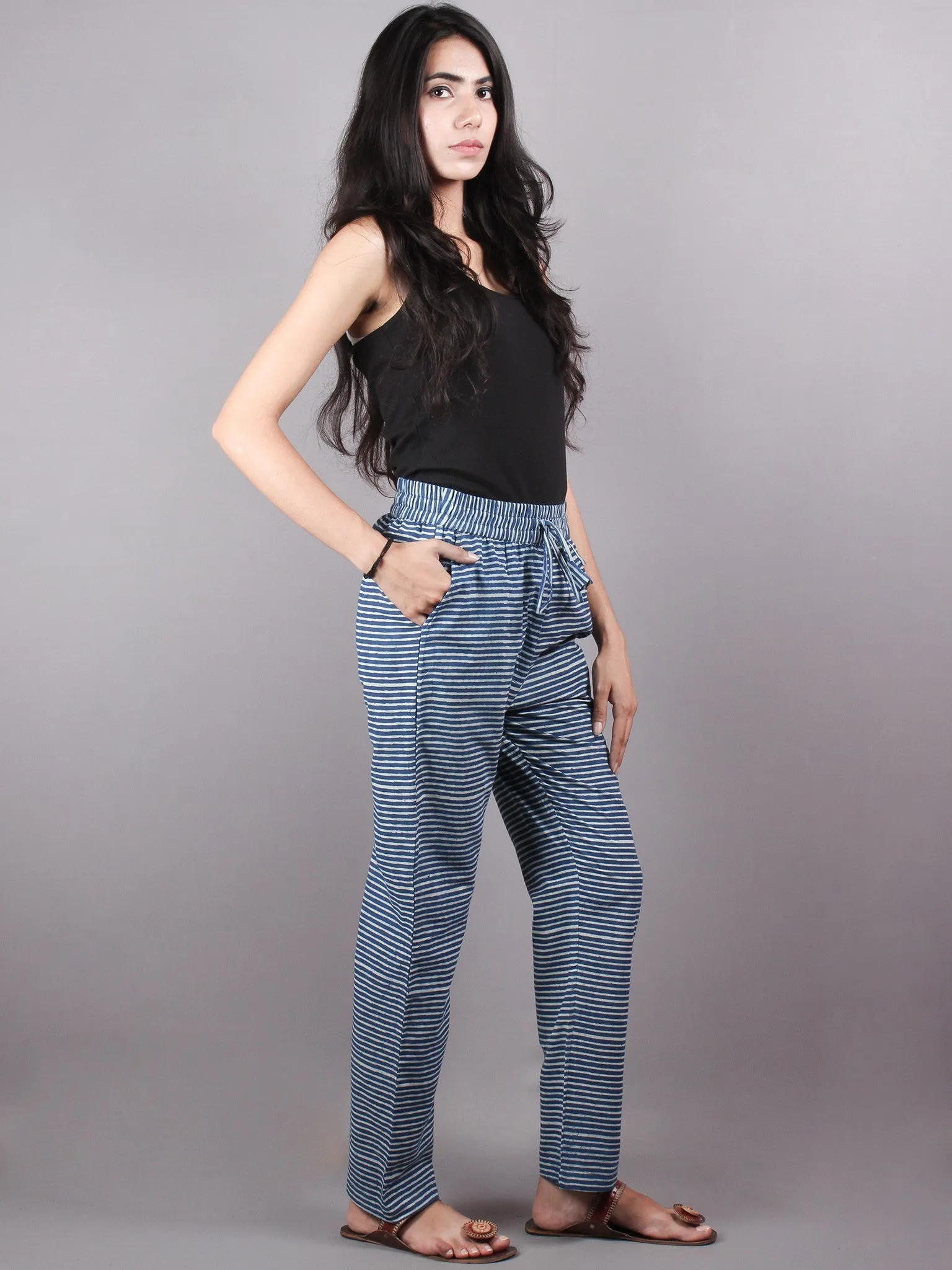 Indigo Hand Block Printed Elasticated Waist Trousers- T0317029