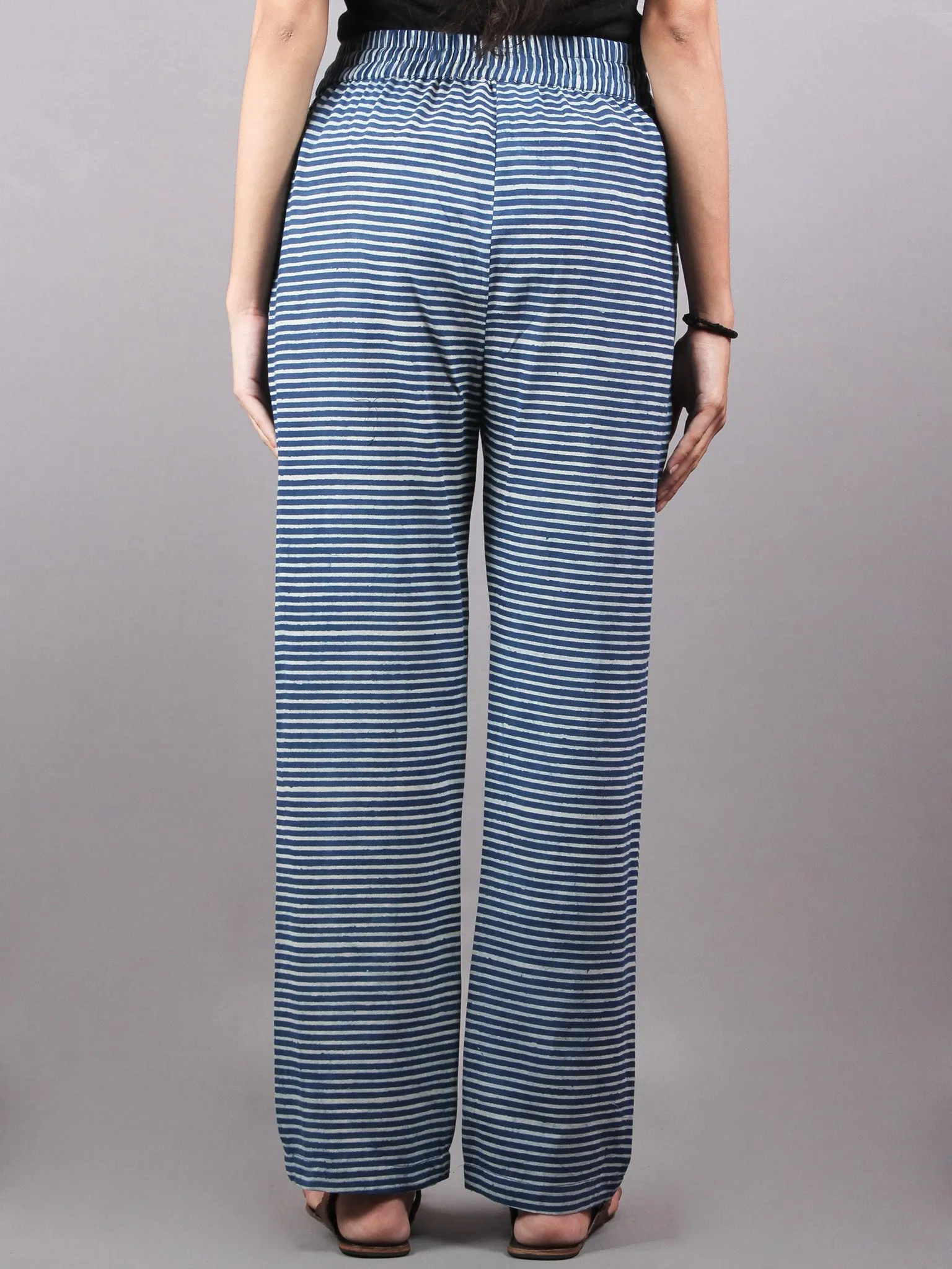 Indigo Hand Block Printed Elasticated Waist Trousers- T0317029