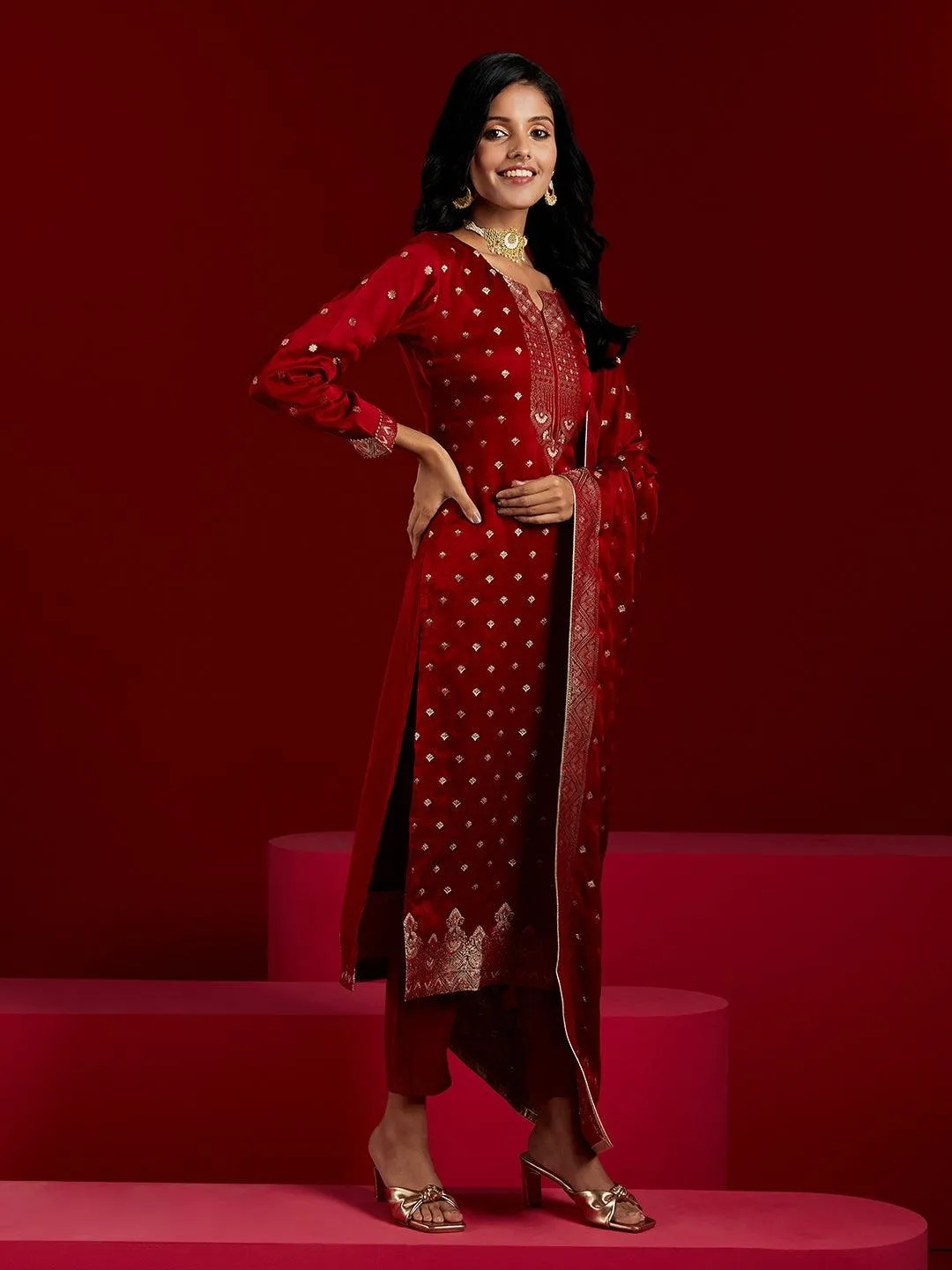 Jashvi Art Maroon Woven Design Silk Straight Suit With Dupatta