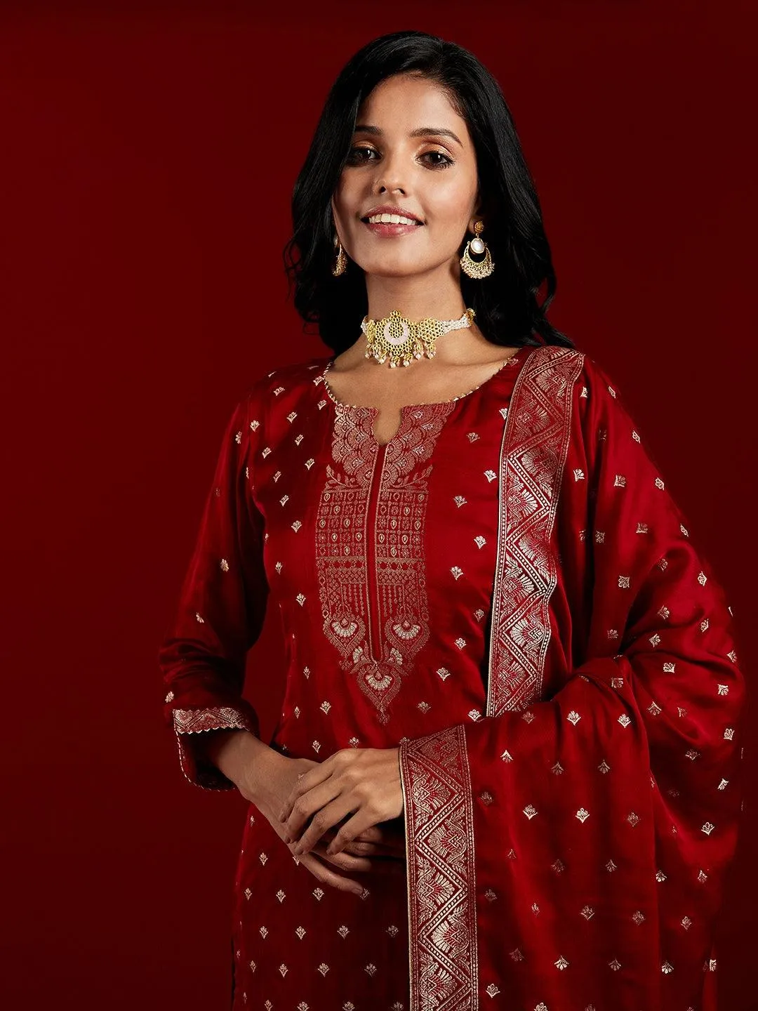 Jashvi Art Maroon Woven Design Silk Straight Suit With Dupatta