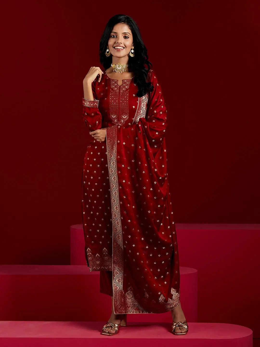 Jashvi Art Maroon Woven Design Silk Straight Suit With Dupatta