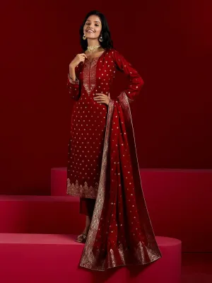 Jashvi Art Maroon Woven Design Silk Straight Suit With Dupatta