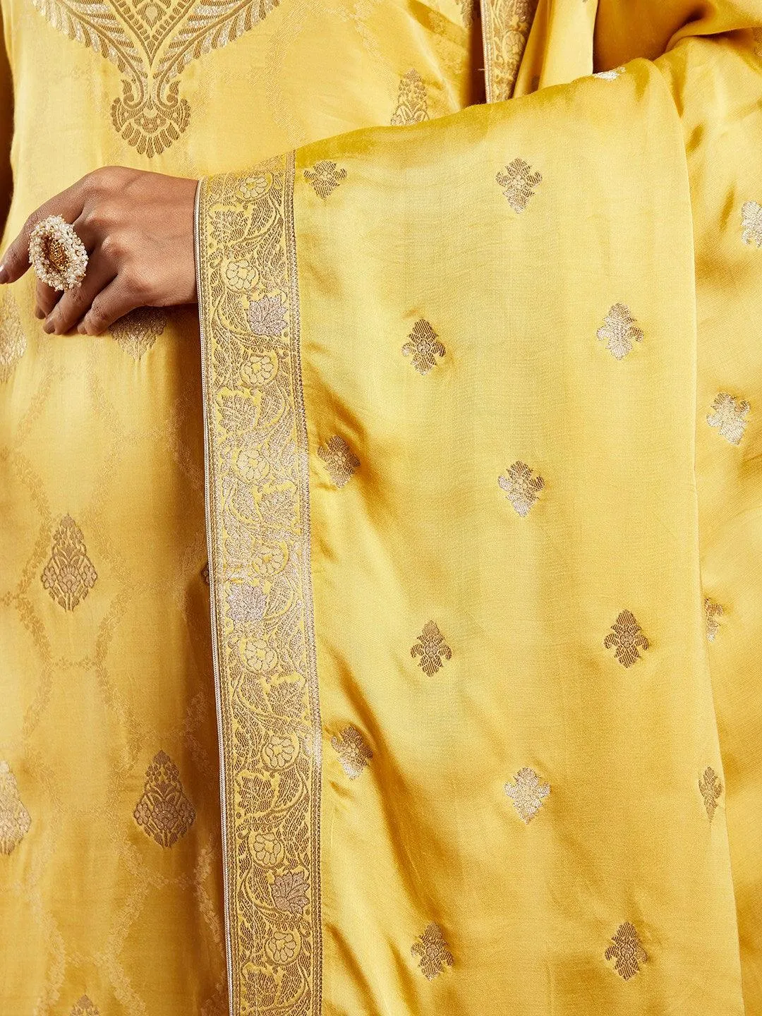 Jashvi Art Yellow Woven Design Silk Straight Suit With Dupatta