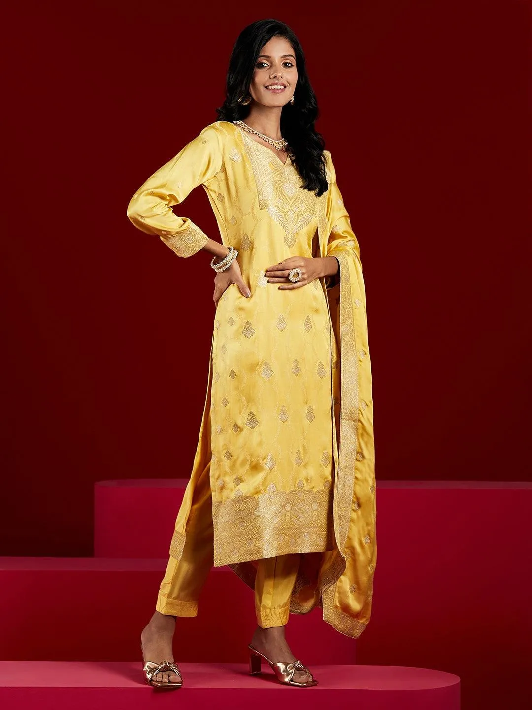 Jashvi Art Yellow Woven Design Silk Straight Suit With Dupatta