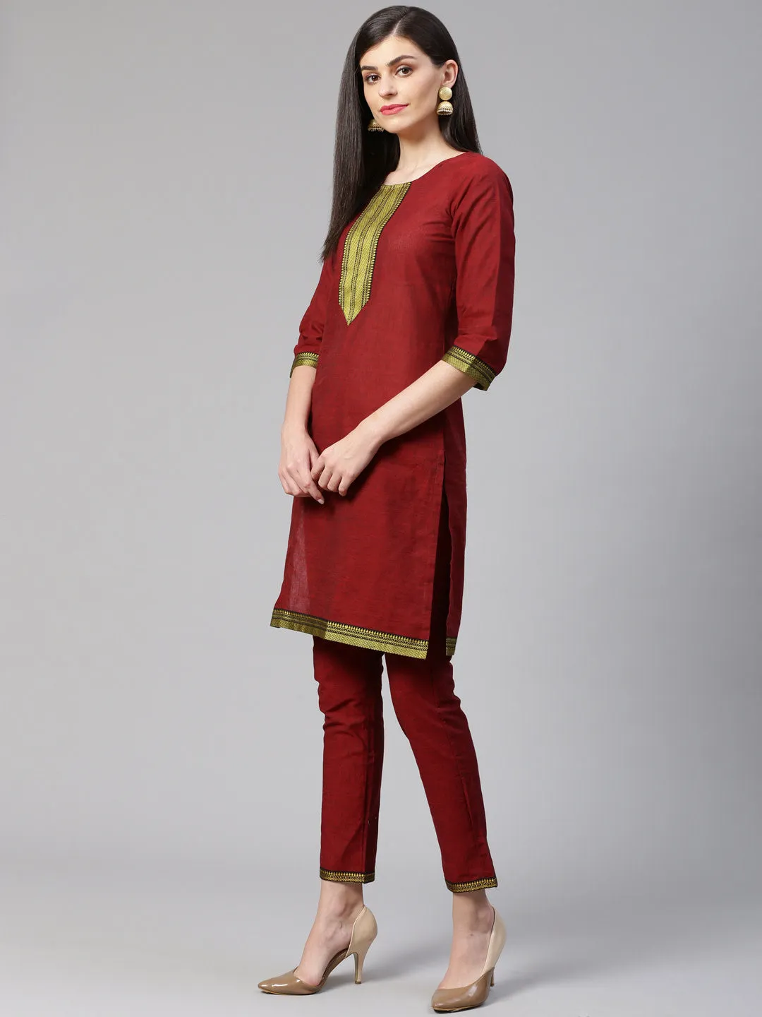 Jashvi Women Maroon Yoke Design Kurta with Trousers