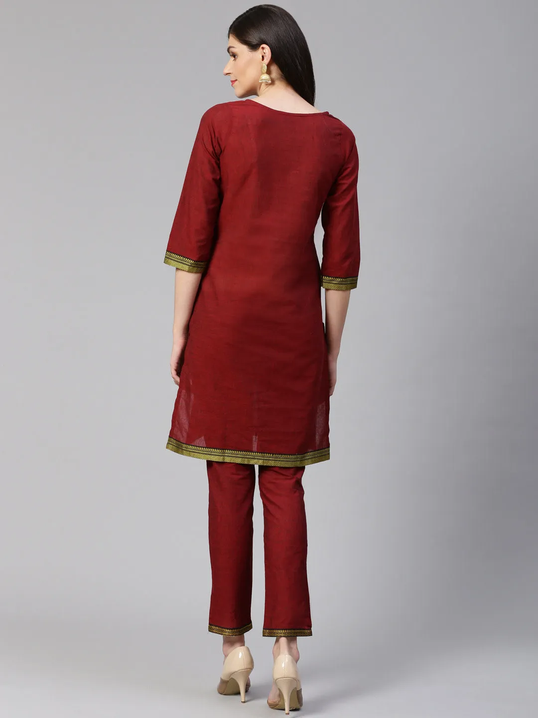 Jashvi Women Maroon Yoke Design Kurta with Trousers