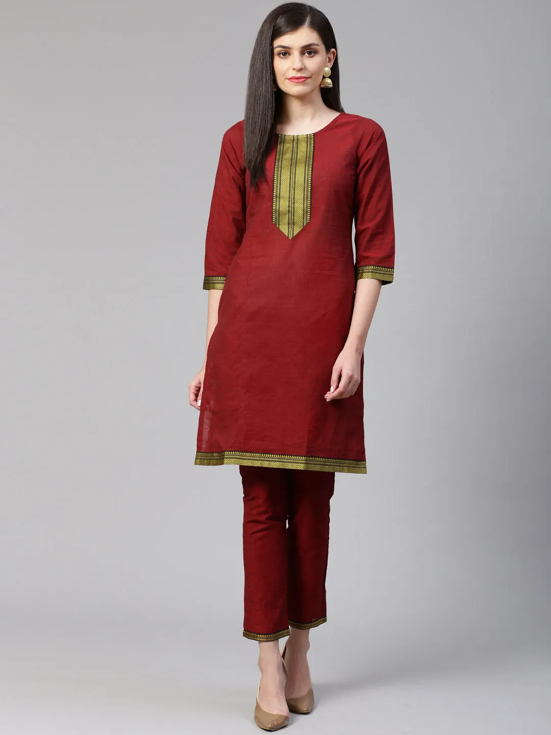 Jashvi Women Maroon Yoke Design Kurta with Trousers