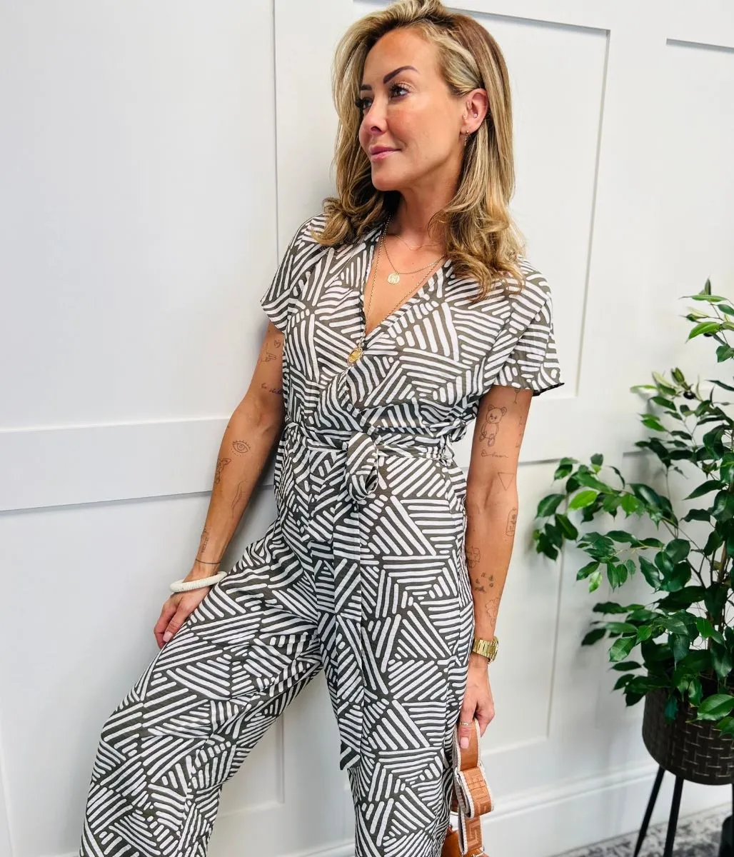 Khaki Print Wrap Belted Jumpsuit