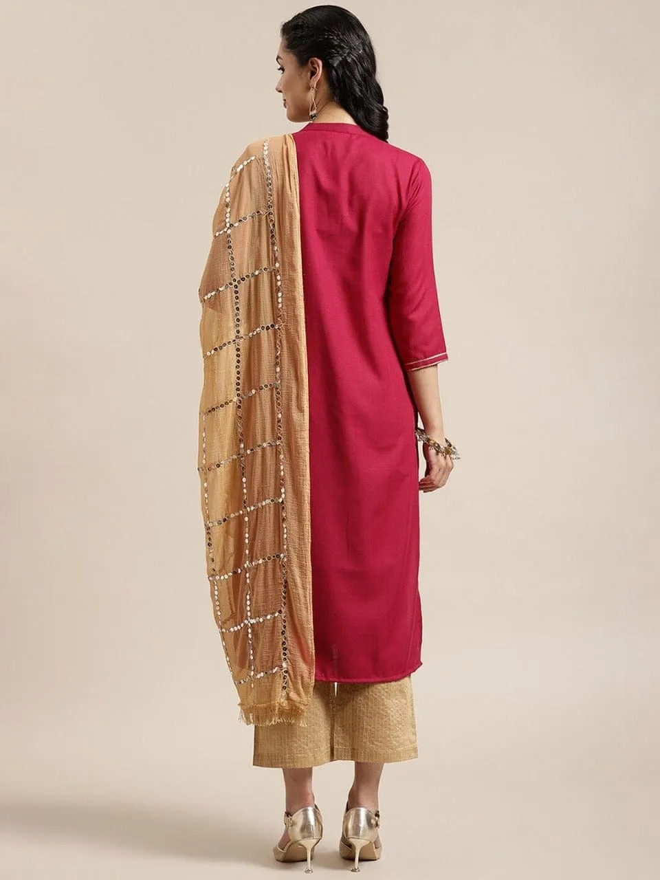 Ksut Magenta Ethnic Motifs Yoke Design Regular Sequinned Kurta With Trousers With Dupatta