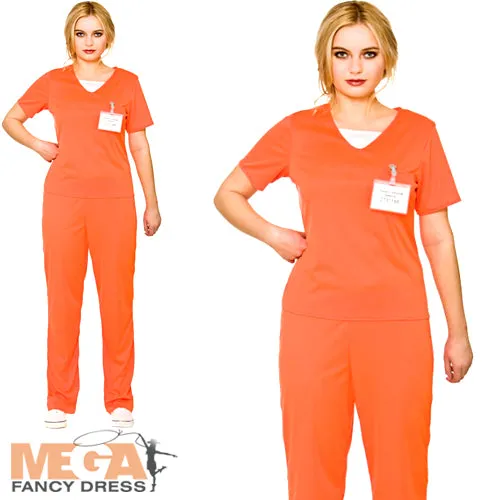 Ladies Prisoner Uniform Orange Convict Fancy Dress Costume