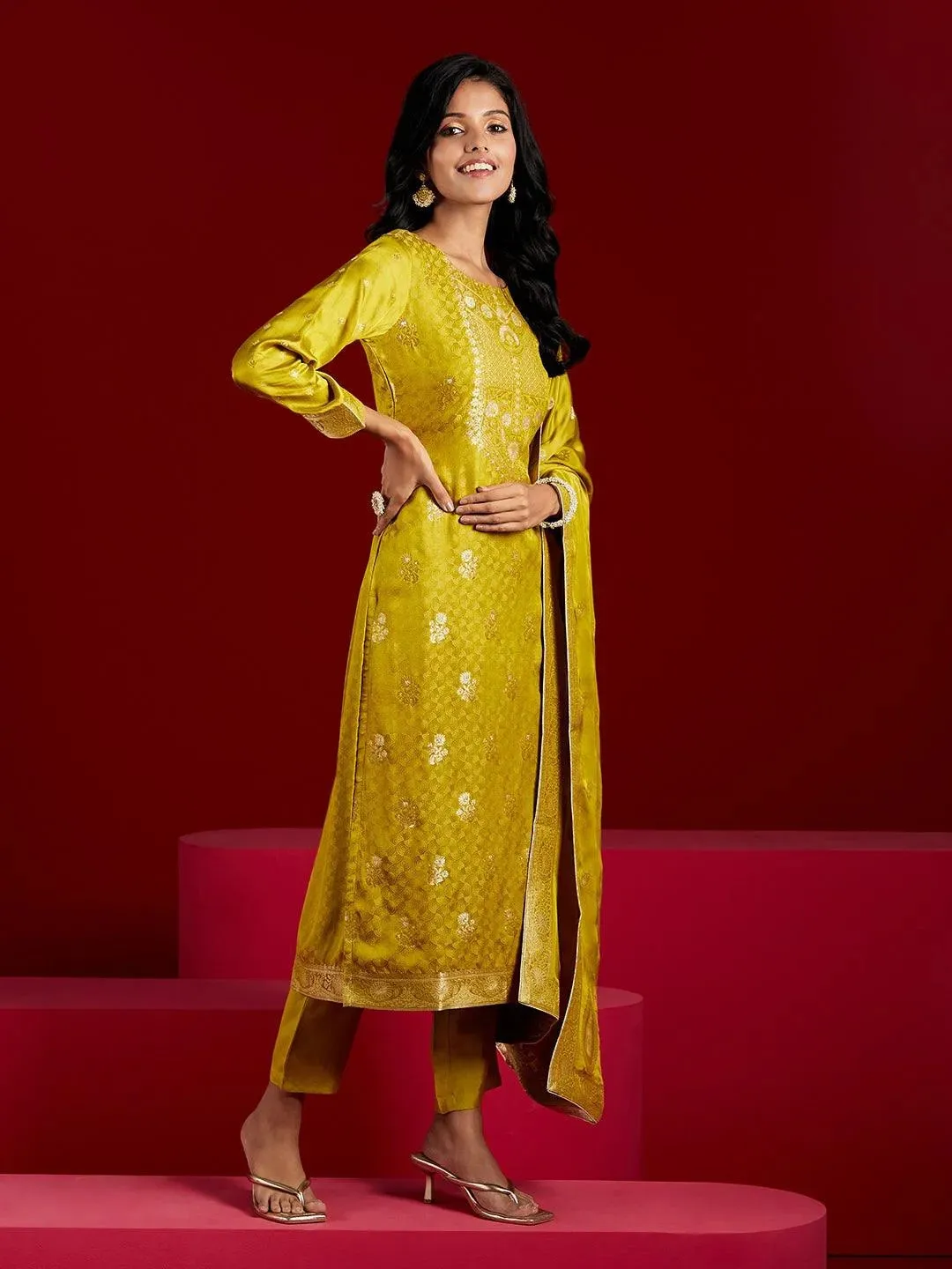 Libas Art Lime Woven Design Silk Straight Suit With Dupatta