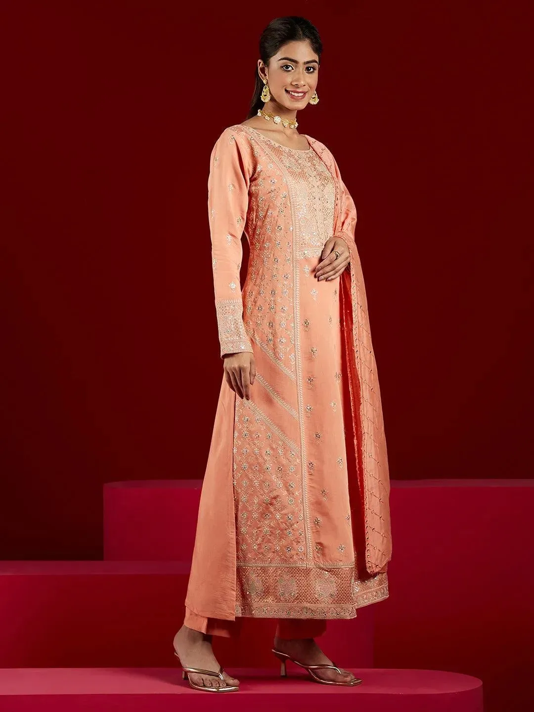 Libas Art Peach Embroidered Silk Blend A-Line Kurta With Trousers & Dupatta