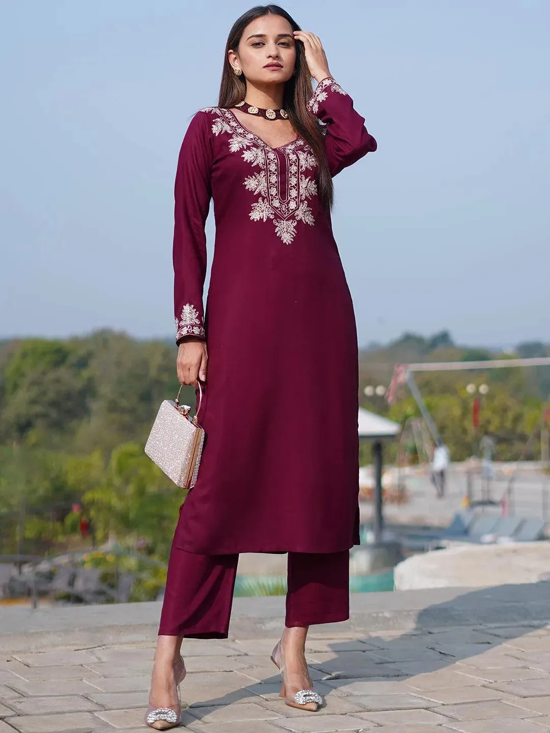 Maroon Yoke Design Wool Blend Straight Kurta Set