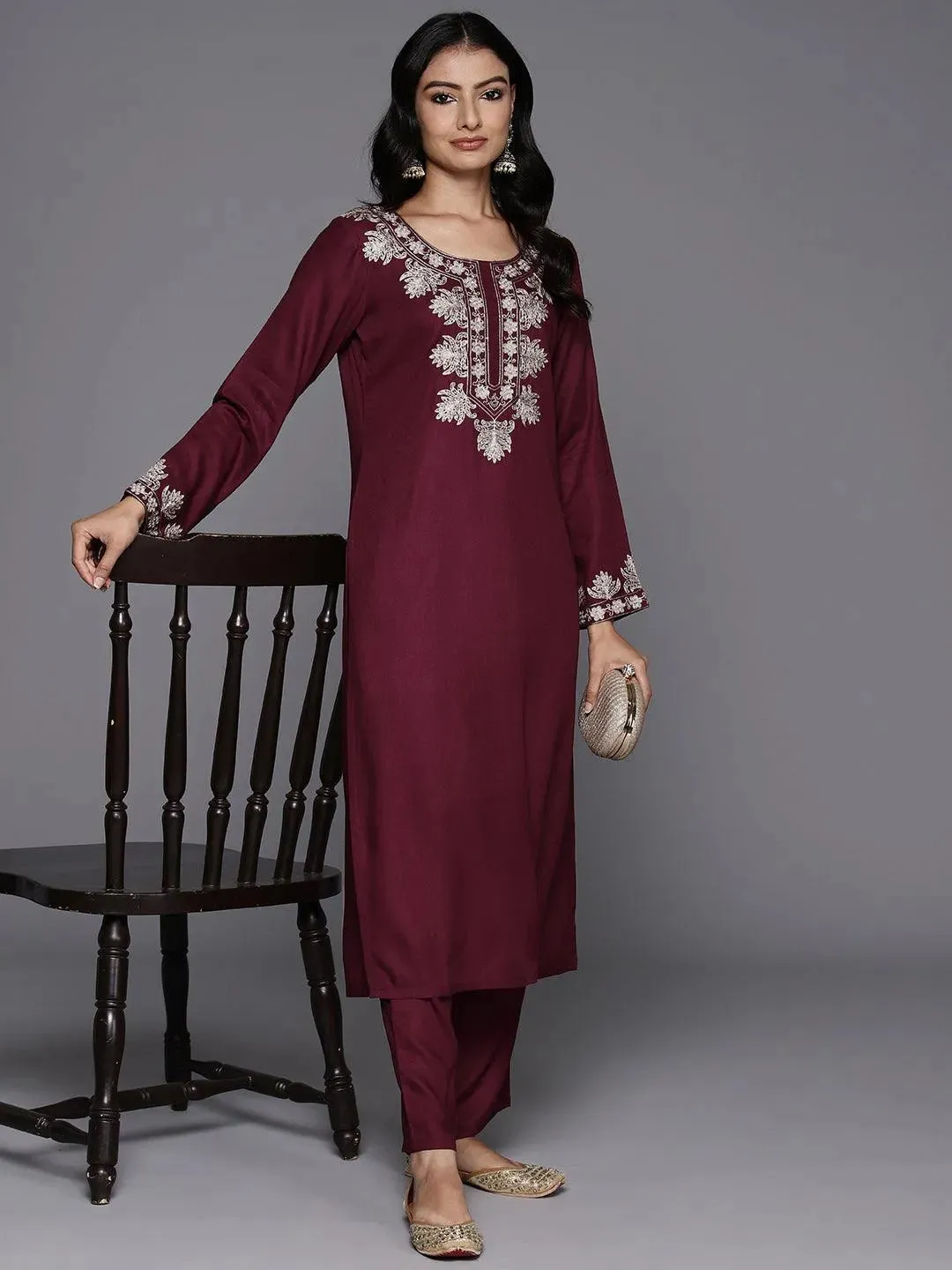 Maroon Yoke Design Wool Blend Straight Kurta Set