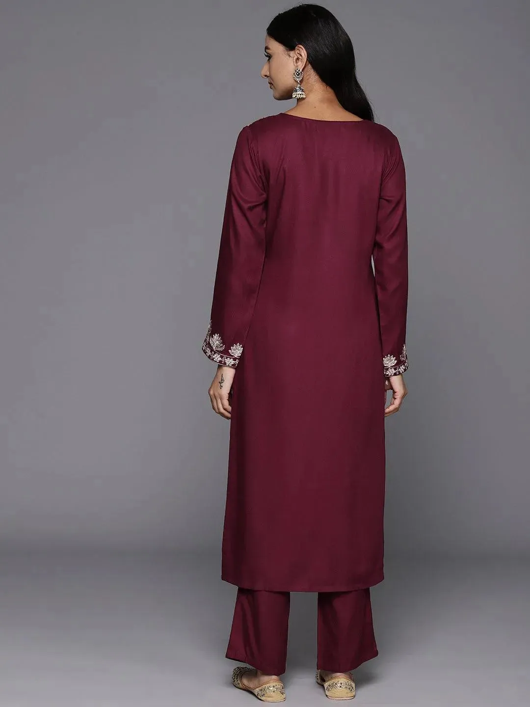 Maroon Yoke Design Wool Blend Straight Kurta Set