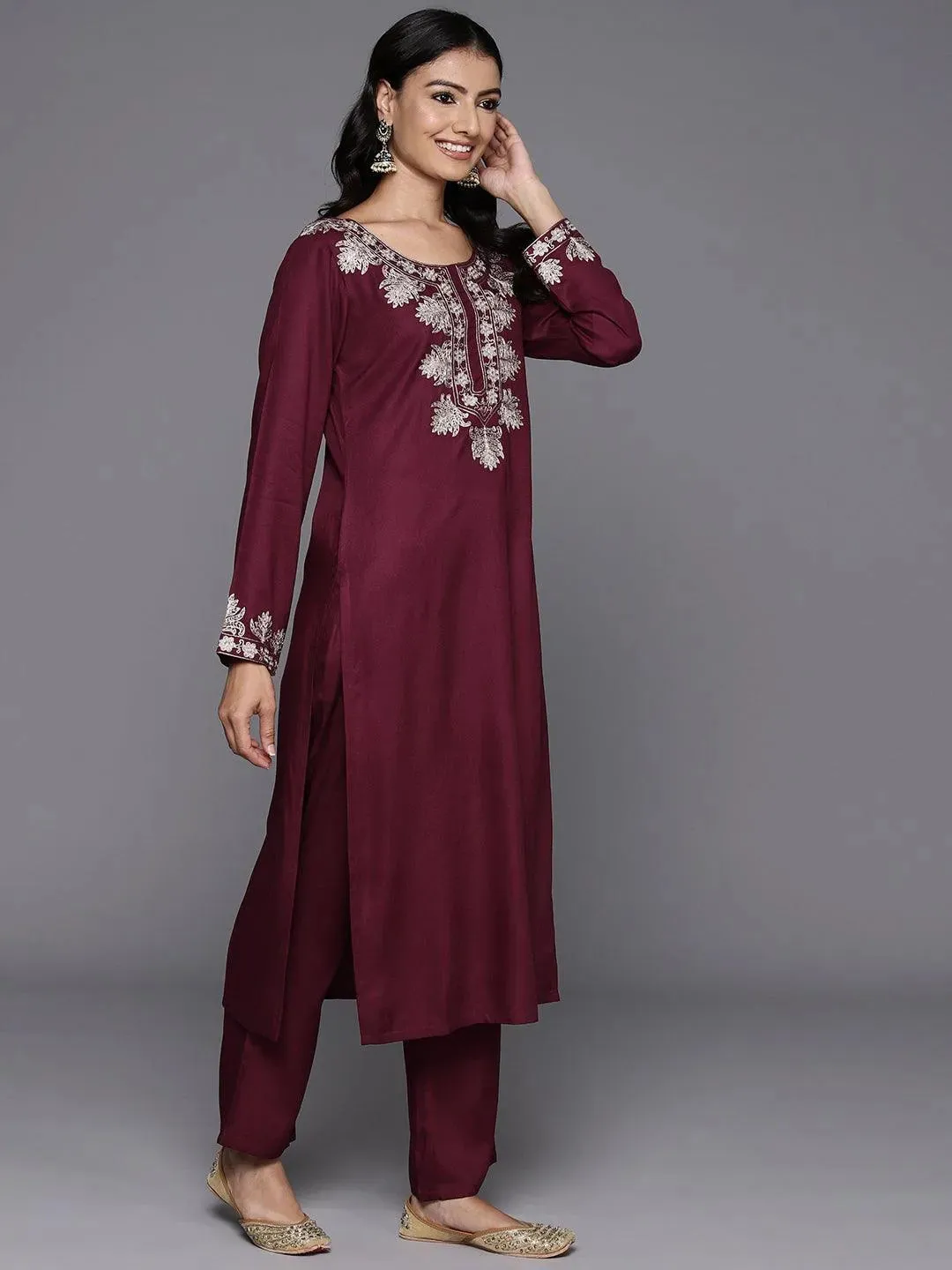 Maroon Yoke Design Wool Blend Straight Kurta Set