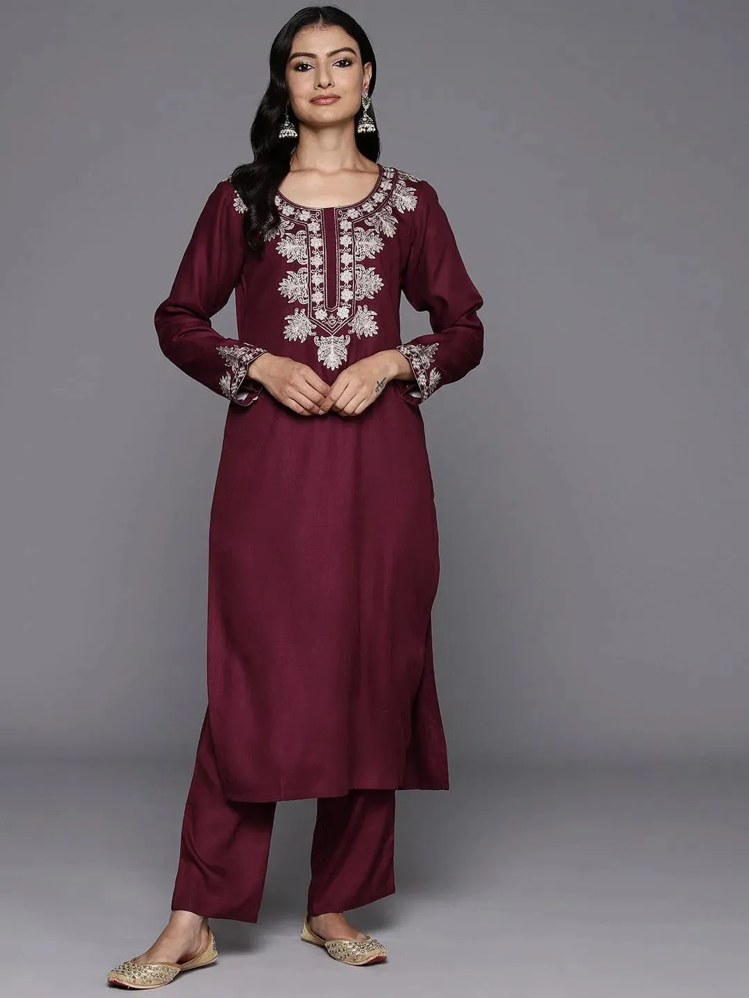 Maroon Yoke Design Wool Blend Straight Kurta Set