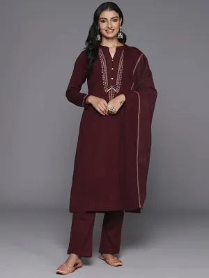 Maroon Yoke Design Wool Blend Straight Suit With Dupatta