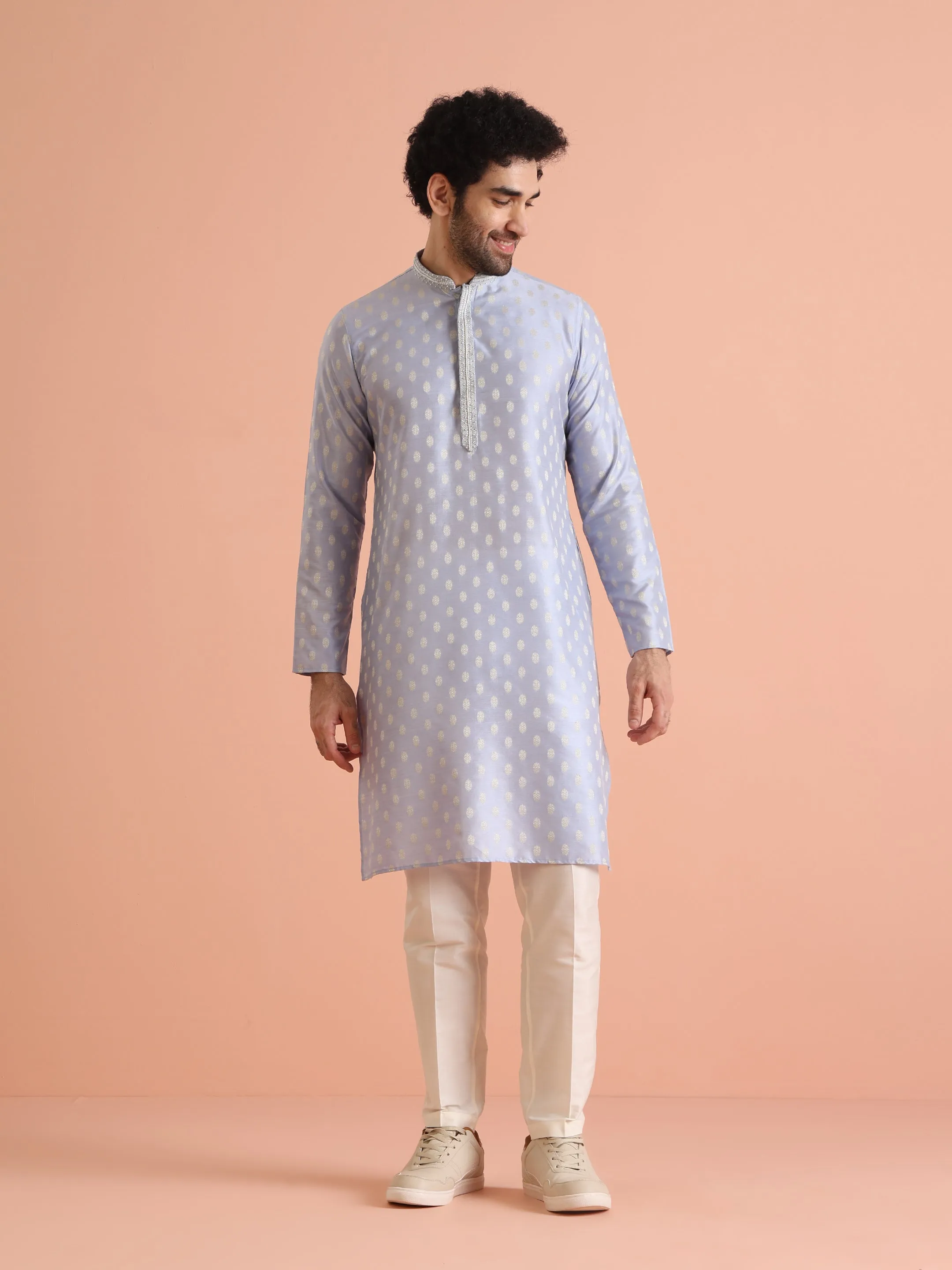 Men Blue Woven Design Kurta Trousers Set