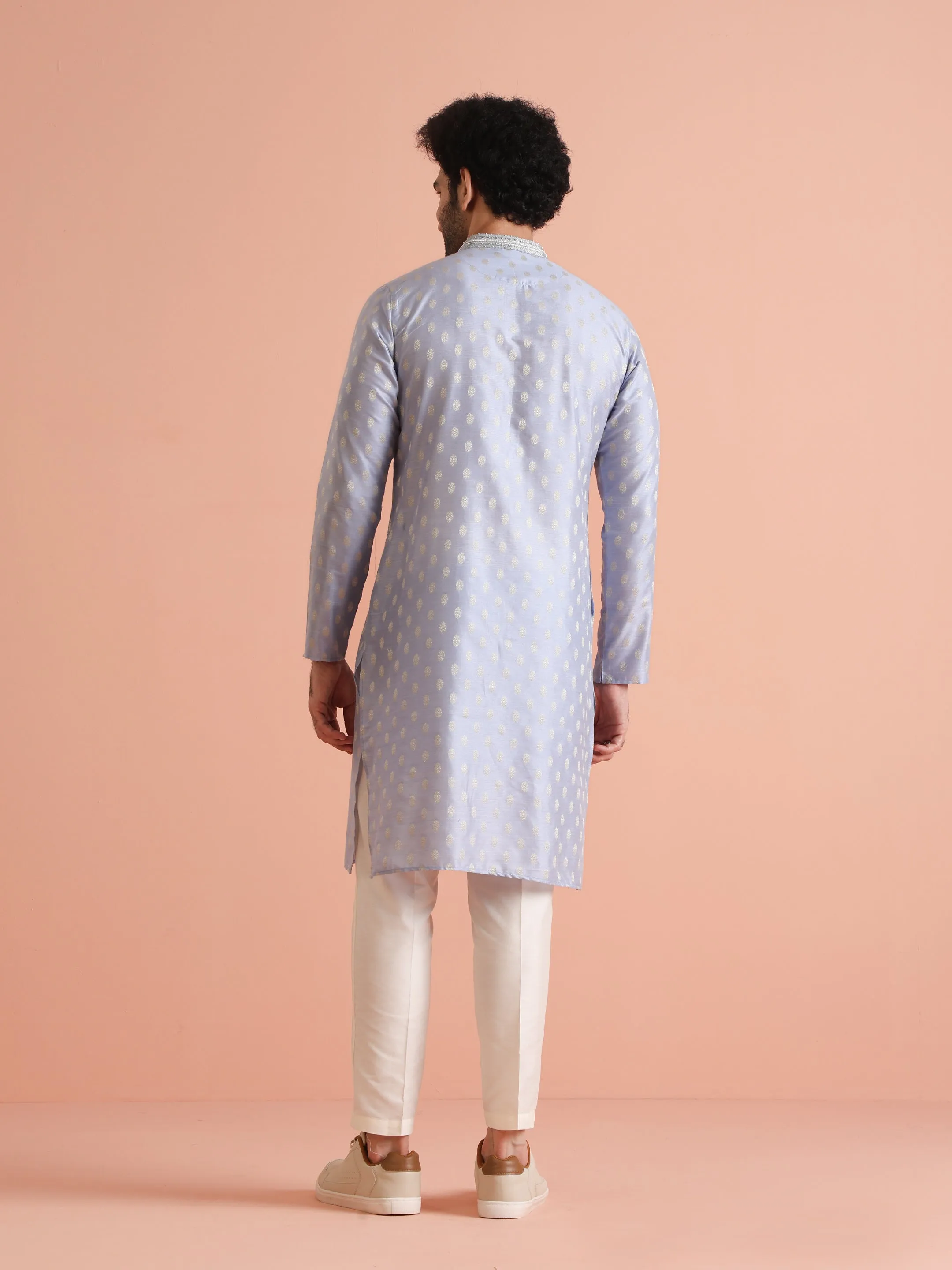 Men Blue Woven Design Kurta Trousers Set