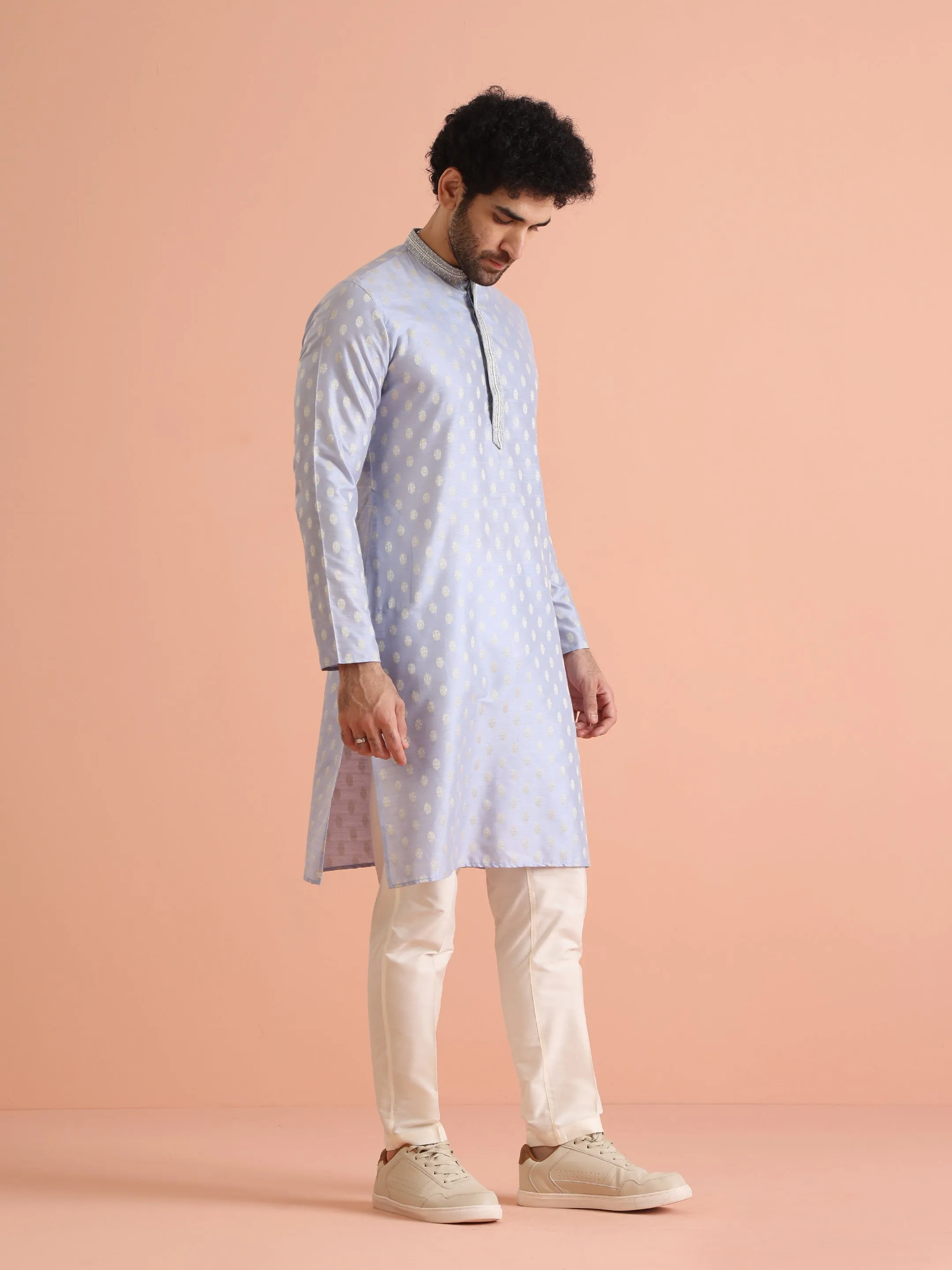 Men Blue Woven Design Kurta Trousers Set