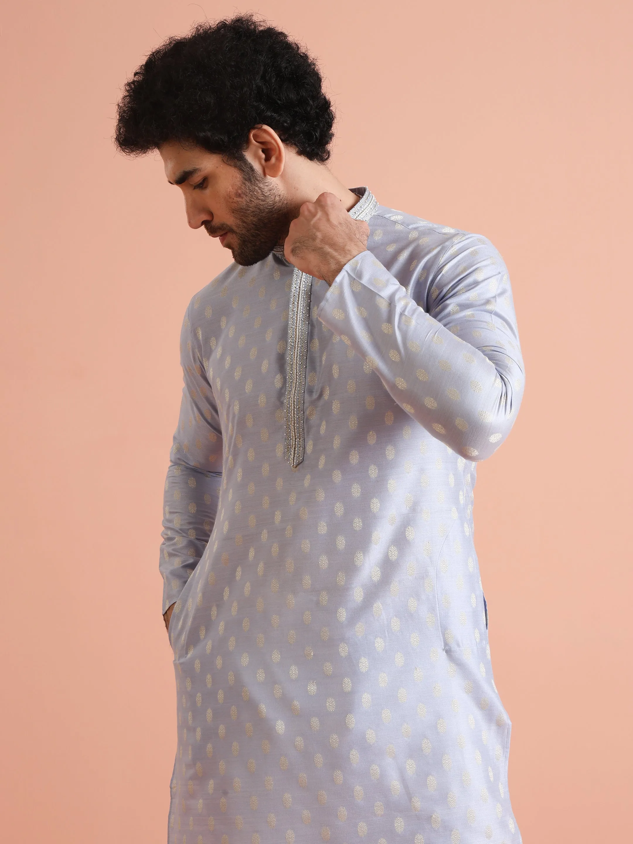 Men Blue Woven Design Kurta Trousers Set