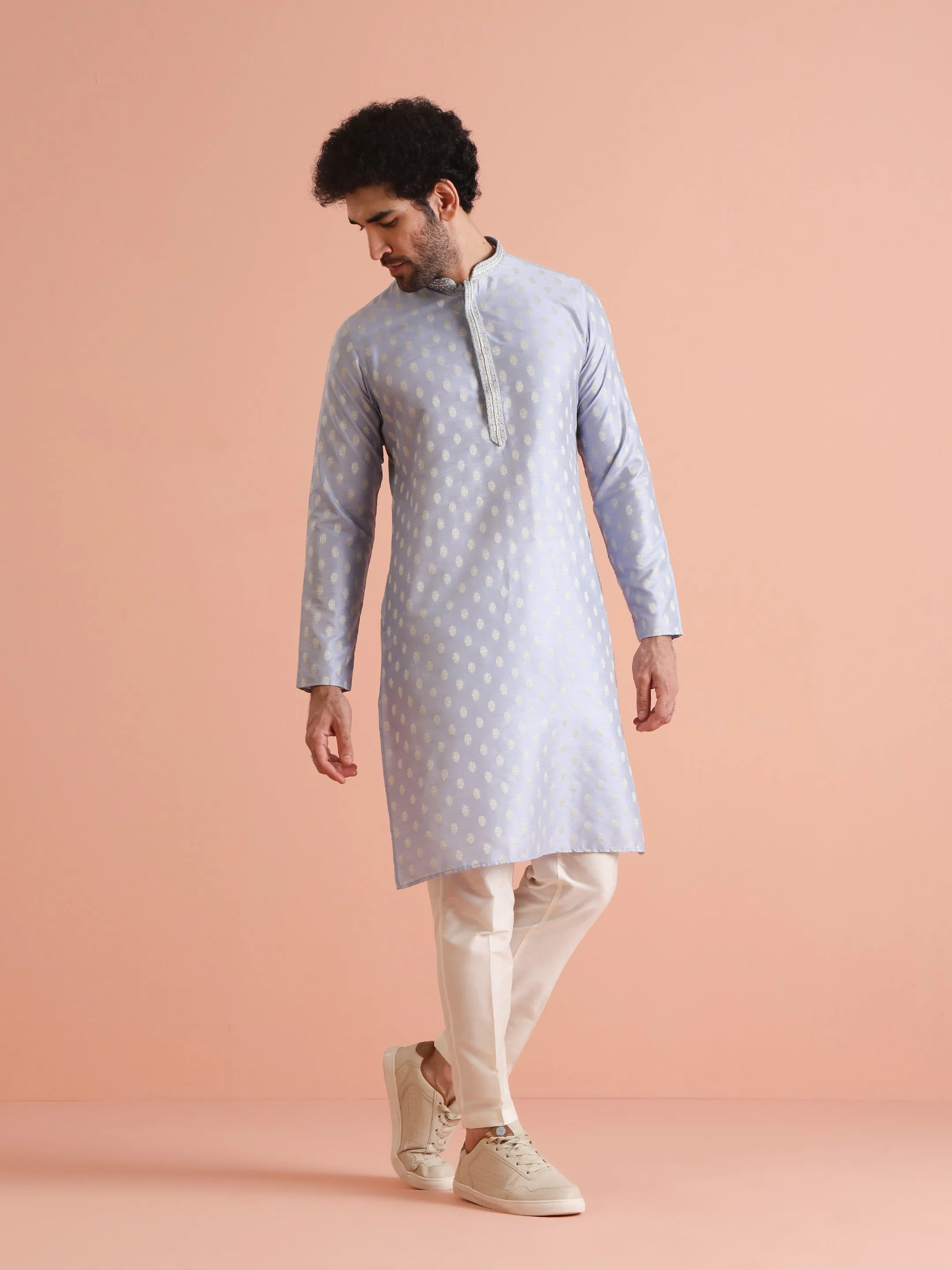 Men Blue Woven Design Kurta Trousers Set