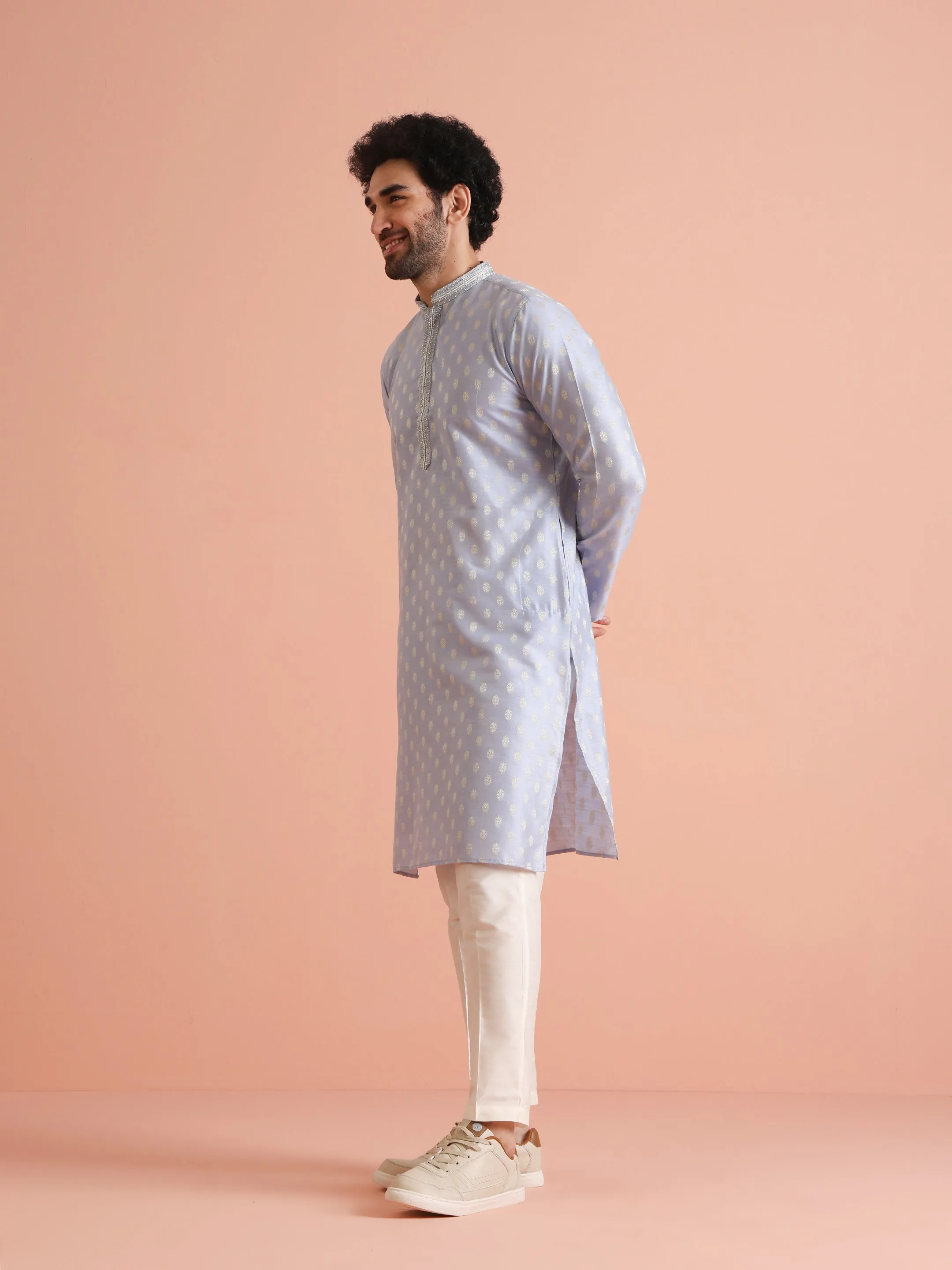 Men Blue Woven Design Kurta Trousers Set