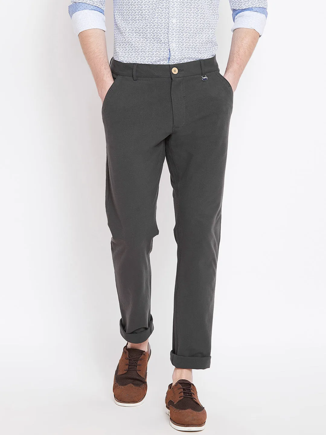 Men Charcoal Solid Casual Regular Fit Trousers