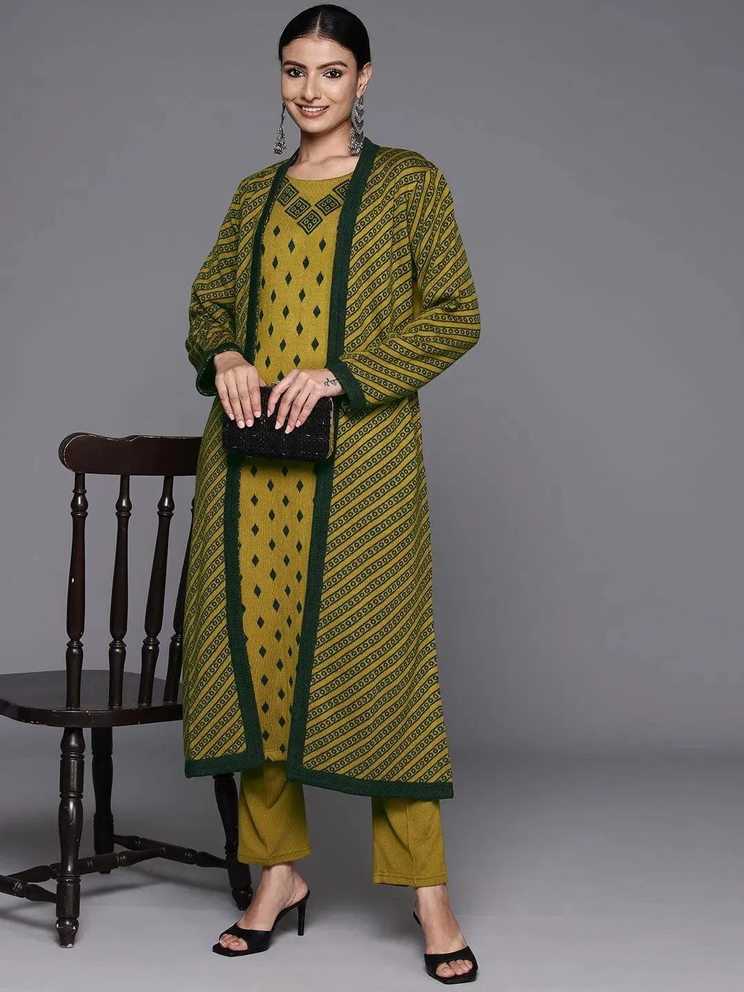 Mustard Woven Design Wool Straight Kurta Set