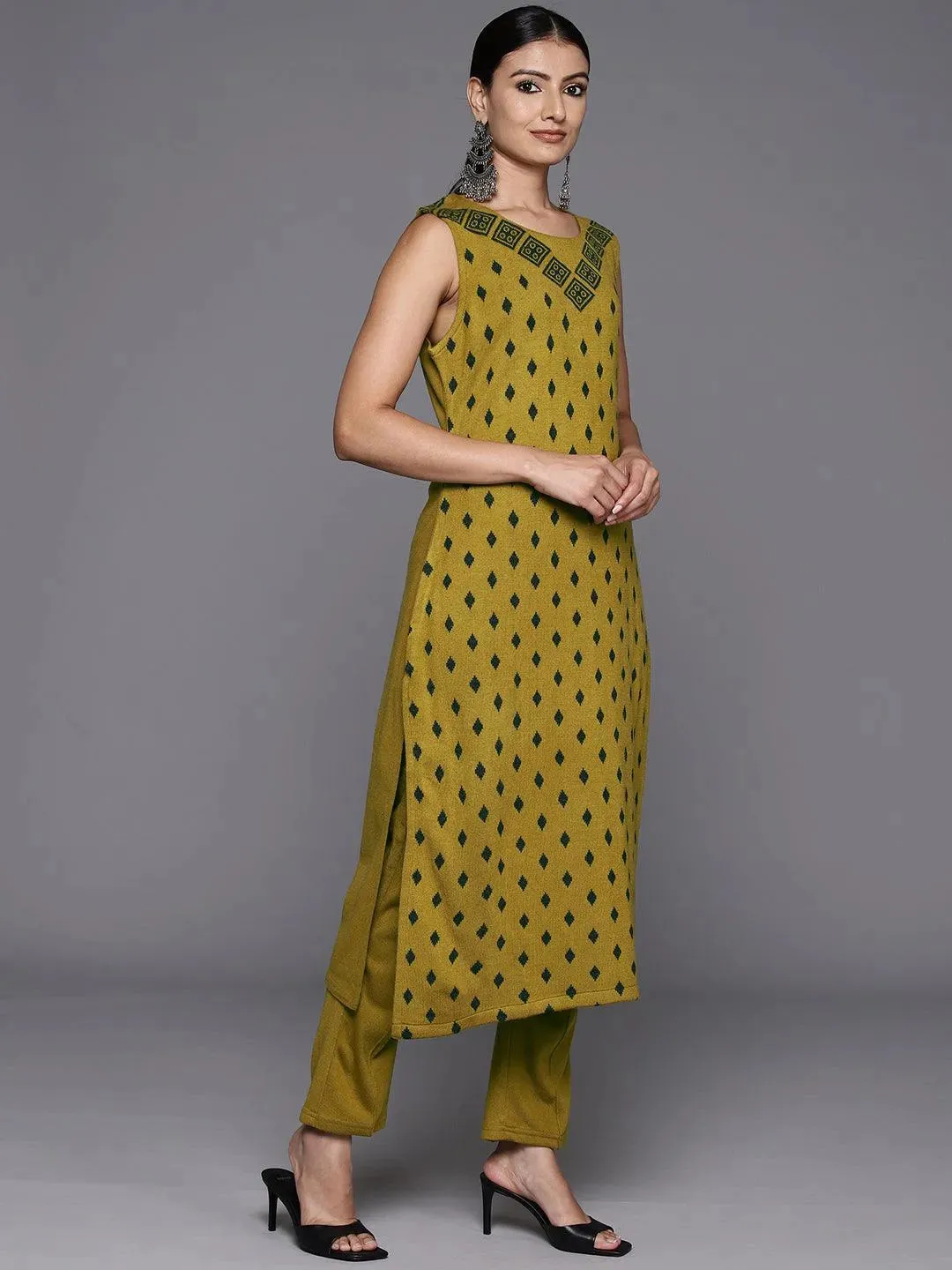 Mustard Woven Design Wool Straight Kurta Set