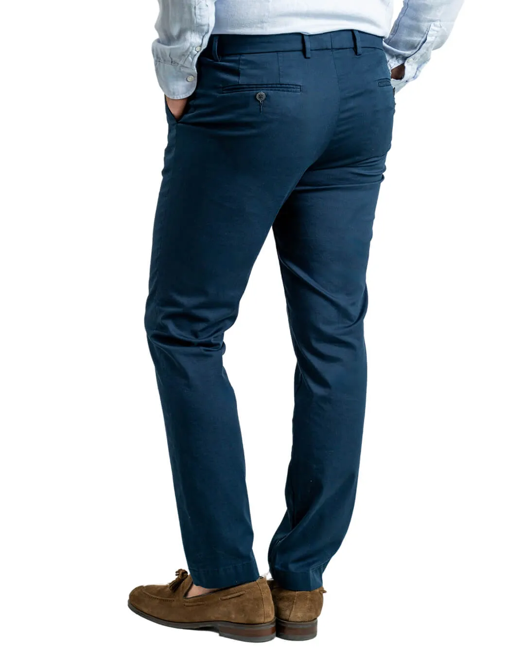 Navy Garment Washed Stretch Cotton Textured Trousers