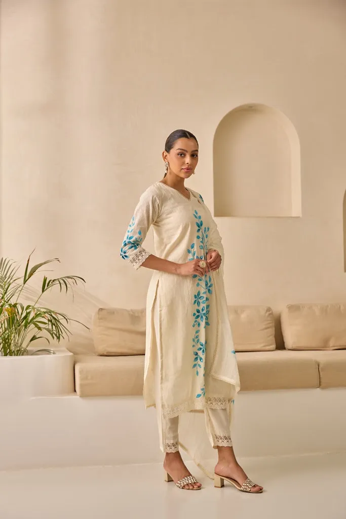 Neerus Sky Blue Straight Embellished Kurta And Trousers With Dupatta.