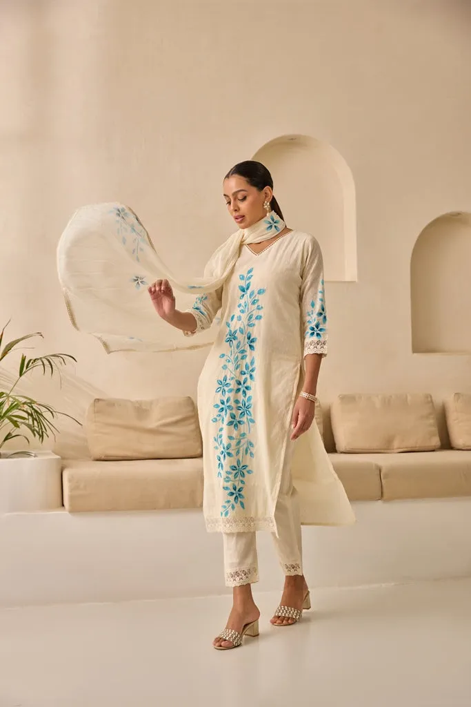 Neerus Sky Blue Straight Embellished Kurta And Trousers With Dupatta.