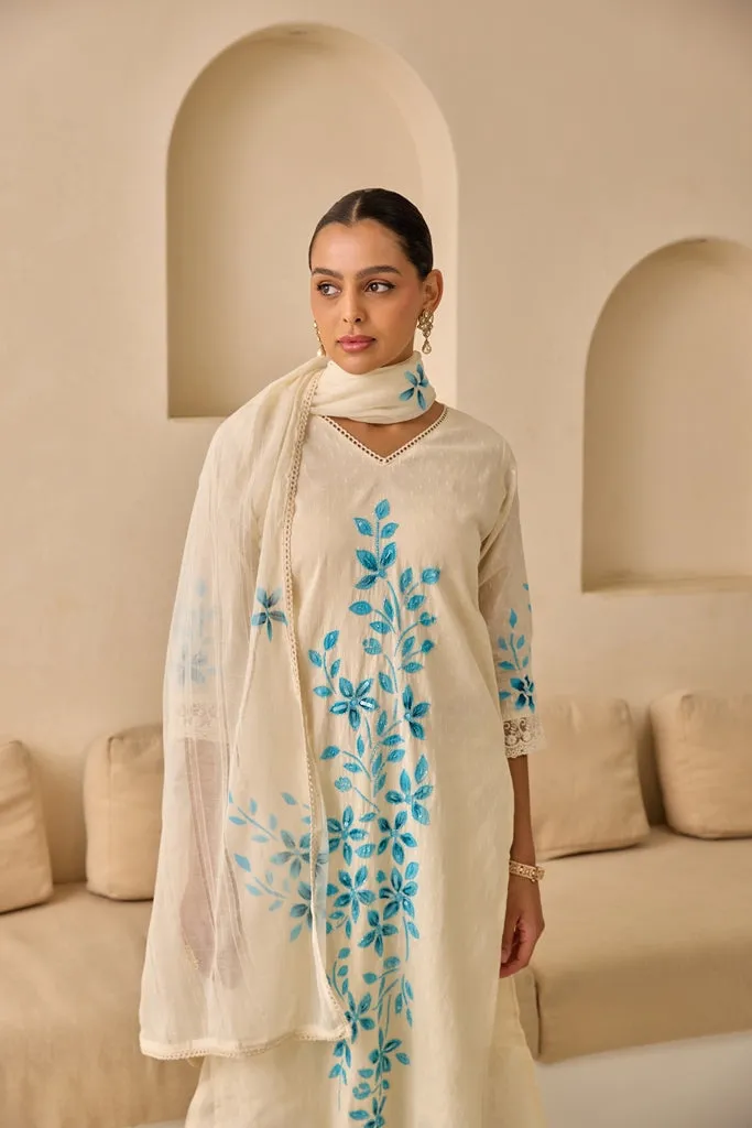 Neerus Sky Blue Straight Embellished Kurta And Trousers With Dupatta.