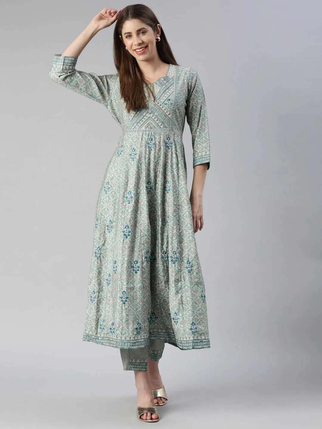 Neeru's Women Rama Yoke Design Calf Length Kurta And Trousers