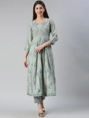 Neeru's Women Rama Yoke Design Calf Length Kurta And Trousers