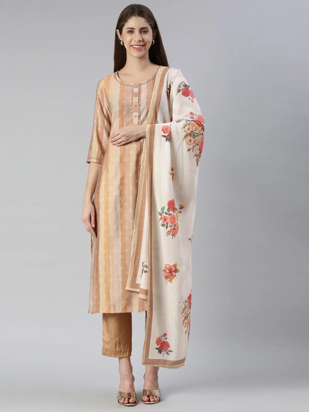 Neeru's Women Rust Yoke Design Knee Length Kurta And Trousers With Dupatta