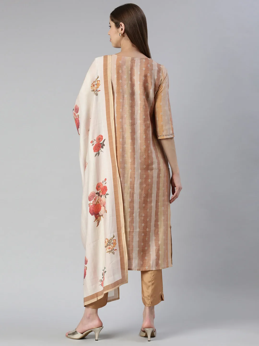 Neeru's Women Rust Yoke Design Knee Length Kurta And Trousers With Dupatta