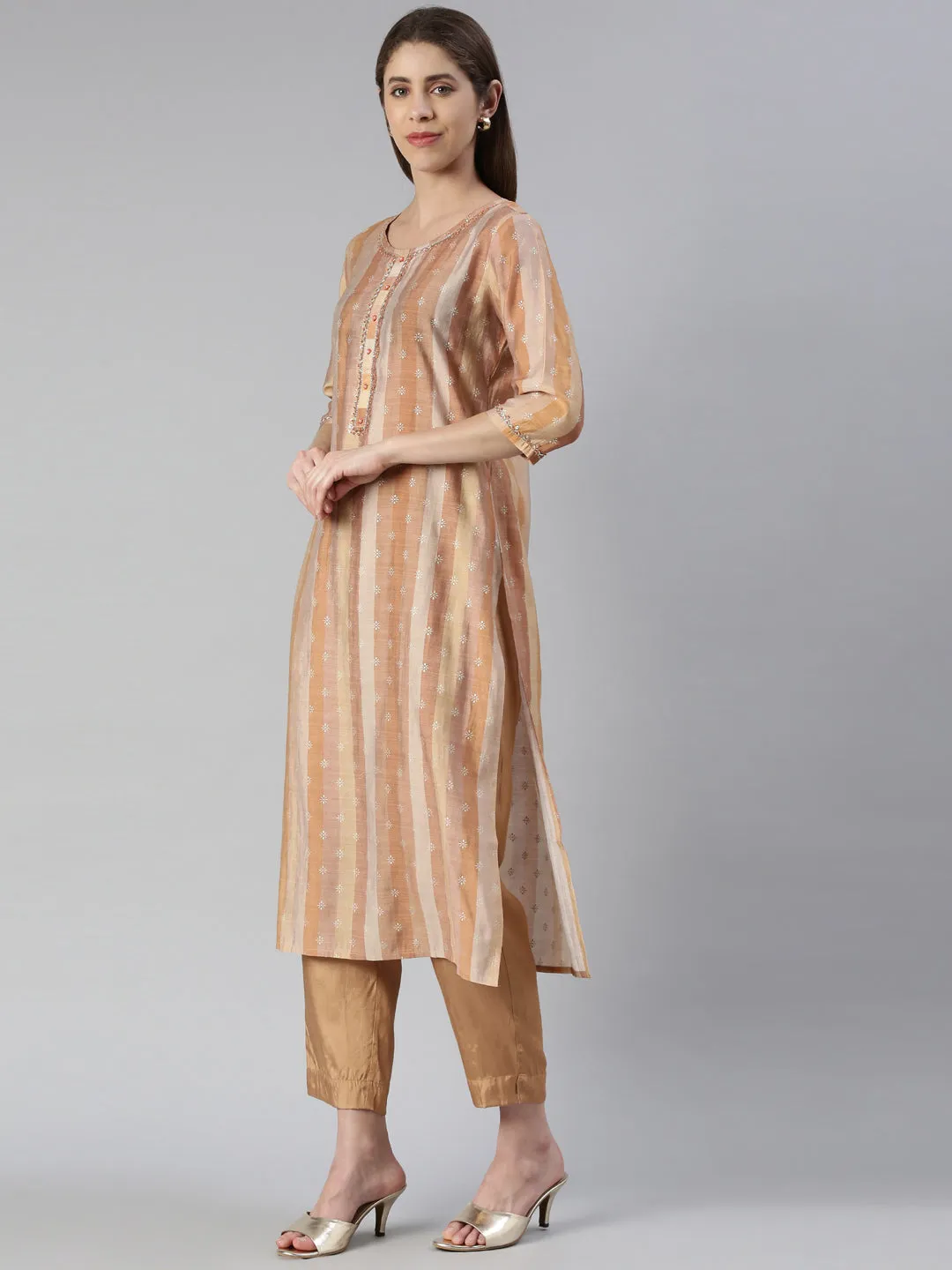 Neeru's Women Rust Yoke Design Knee Length Kurta And Trousers With Dupatta