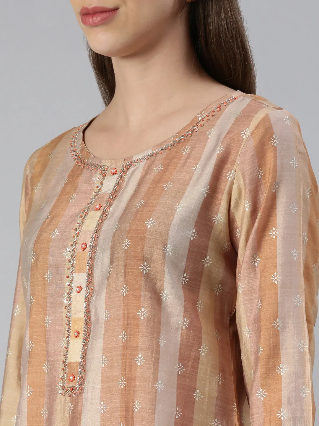 Neeru's Women Rust Yoke Design Knee Length Kurta And Trousers With Dupatta