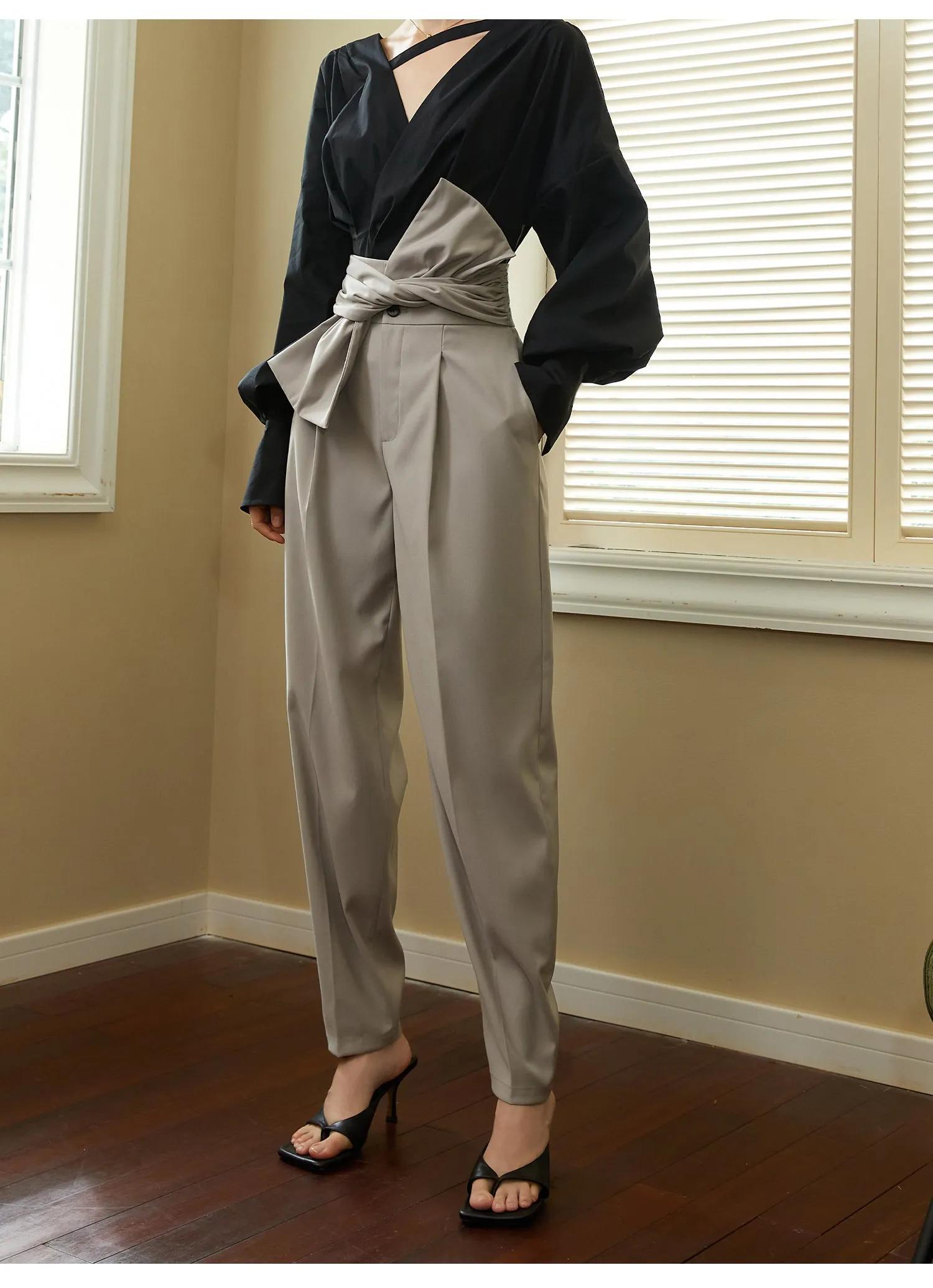 New early spring high waist trousers, designed with an asymmetric belt- Luna