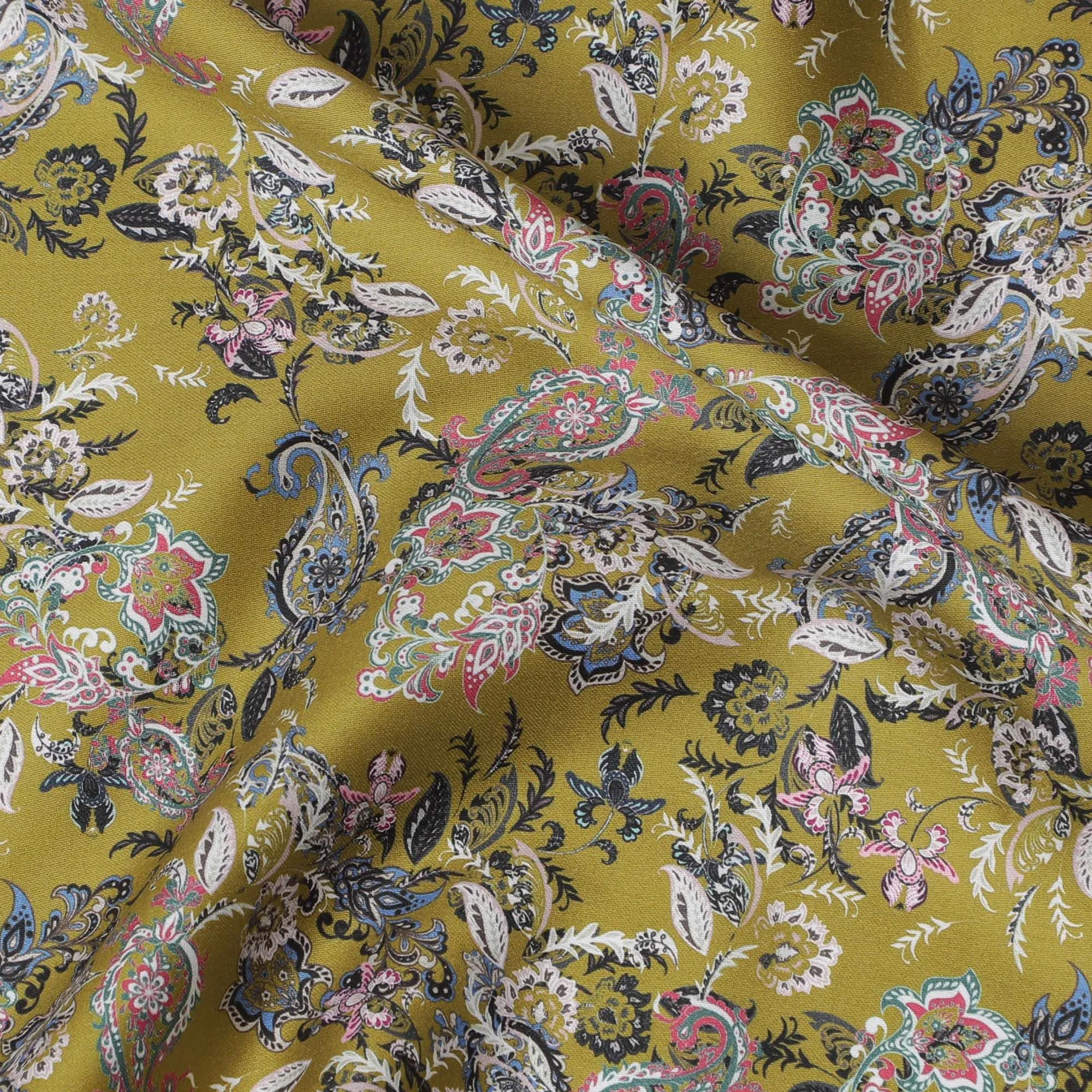 Olive Cotton Satin Fabric: Floral Fantasy in Blue-D17592