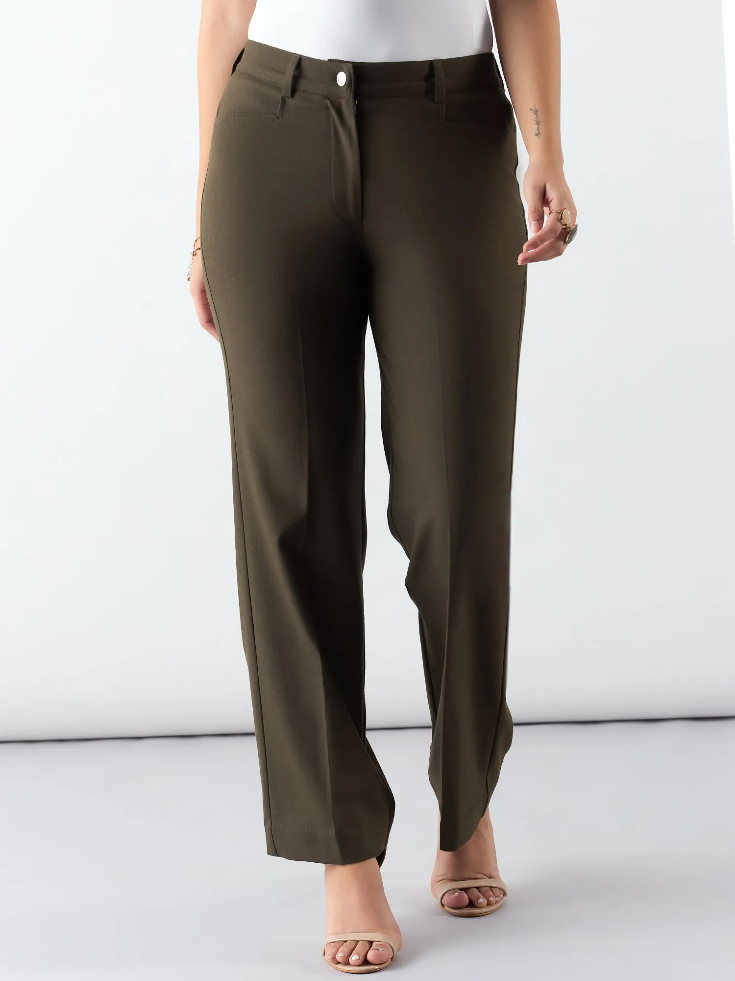 Olive Regular Fit Mid Waist Trouser In 4-Way Stretch Fabric