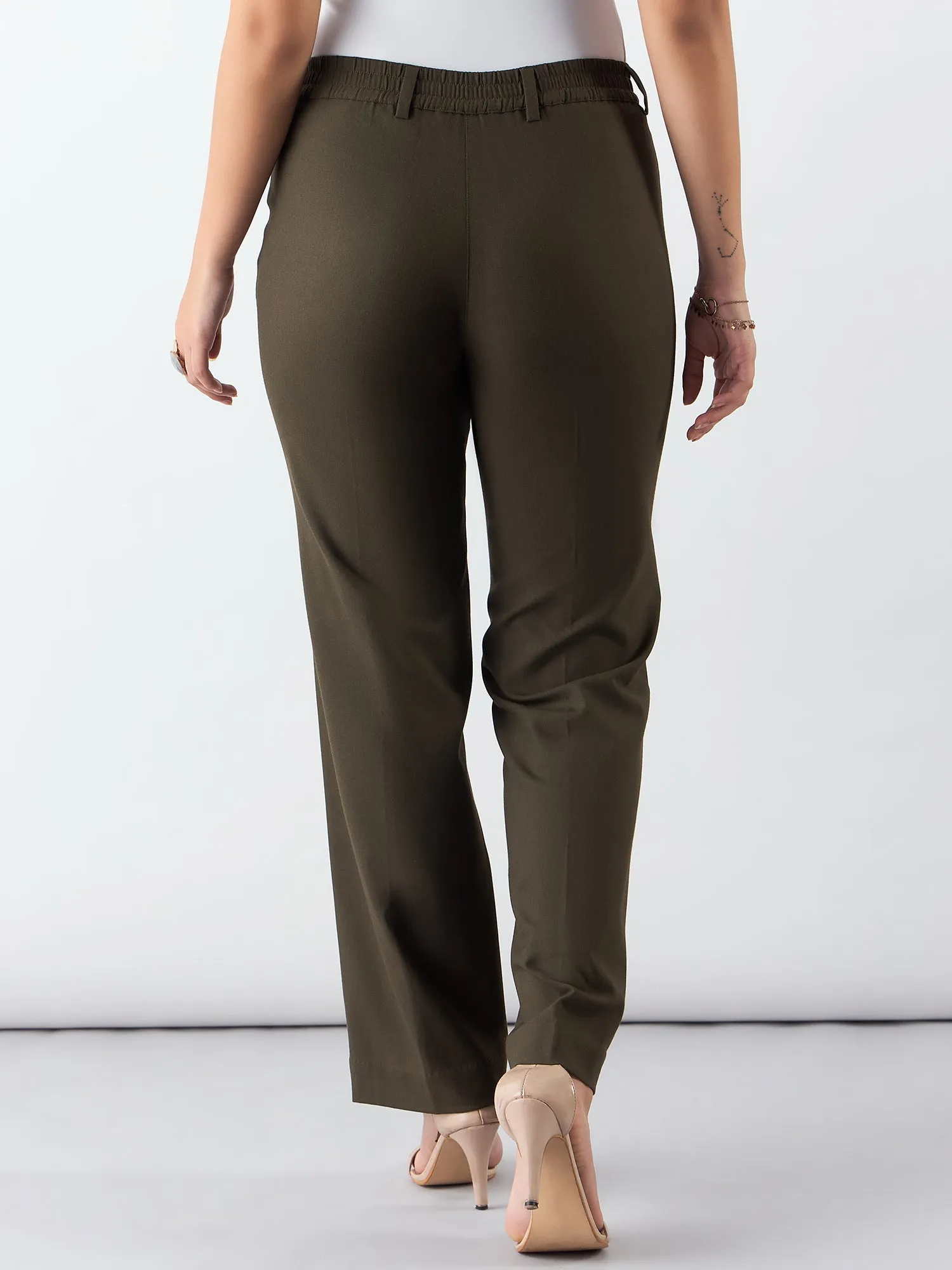 Olive Regular Fit Mid Waist Trouser In 4-Way Stretch Fabric