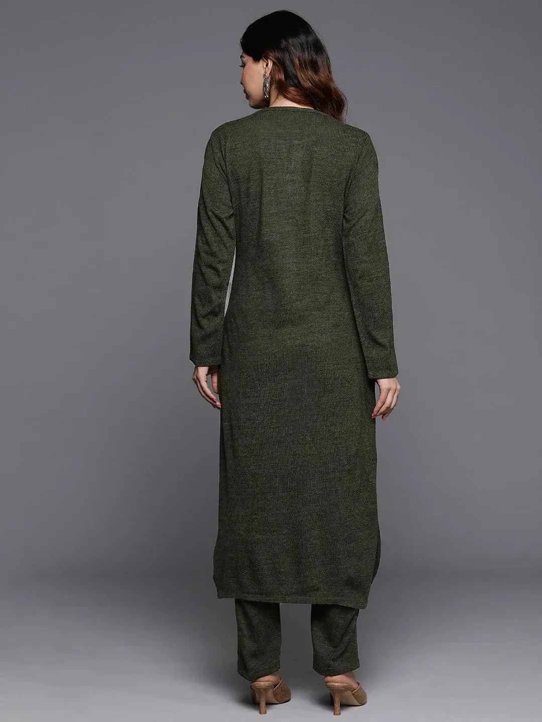 Olive Yoke Design Wool Straight Kurta Set