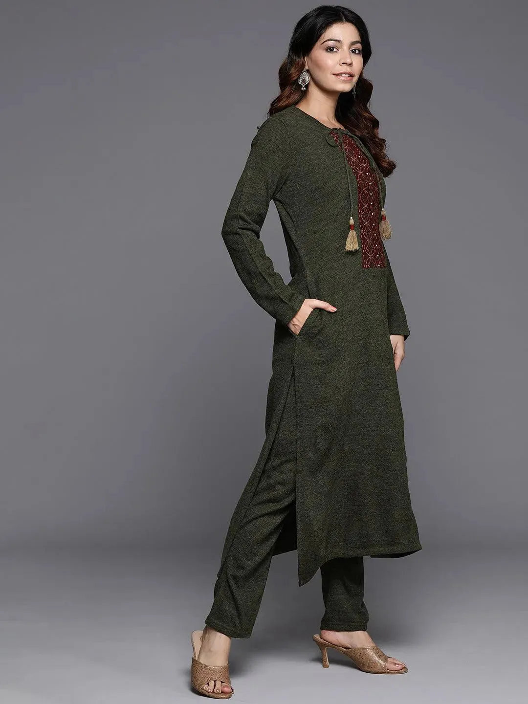 Olive Yoke Design Wool Straight Kurta Set