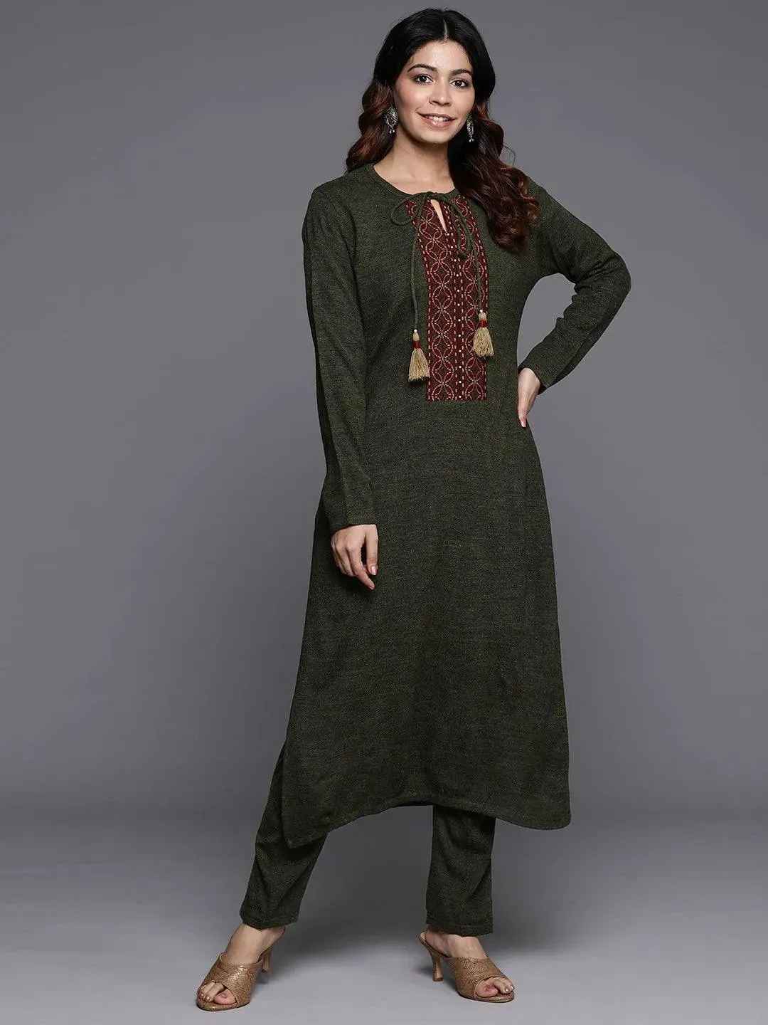 Olive Yoke Design Wool Straight Kurta Set